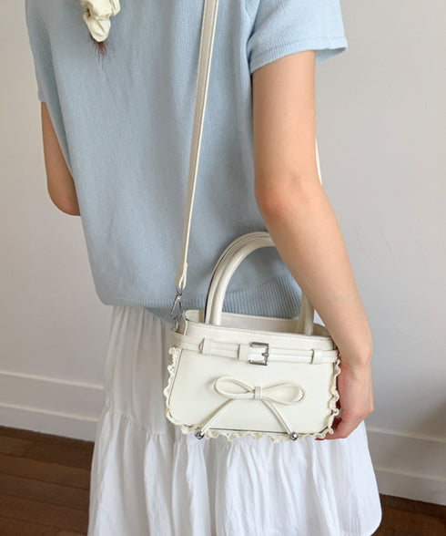 ショルダーバッグ 小さめ フェイクレザー ハンドバッグ スクエア 2way 肩掛けバッグ リボンデザイン 大人かわいい手提げ鞄 レース 斜め掛けカバン フェミニン 77YUEL-002